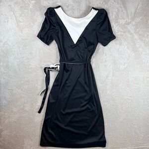 Vintage 90s Black Puff Sleeve Dress | White Contrast Minimalist Midi Size XS